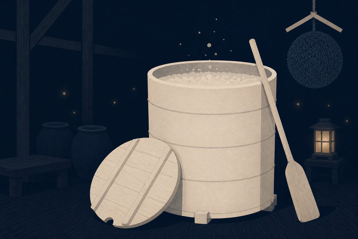 日本酒の発酵の版画調イラスト。もろみが泡立つ仕込みタンクと櫂棒、酒蔵の静かな情景。