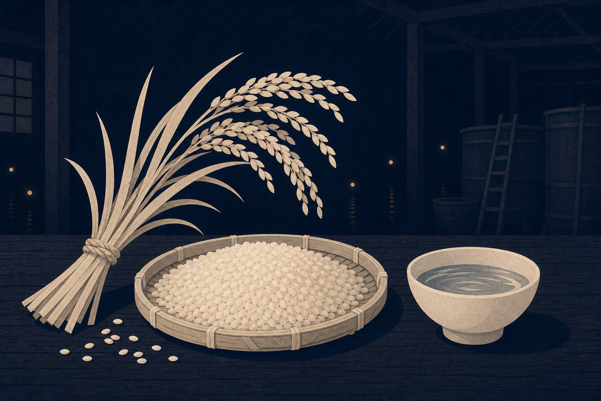 日本酒の原料の版画調イラスト。実った稲穂の束、笊に盛った白い酒米、水を張った器。